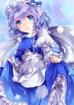  apron blue_eyes curtsey hat highres juliet_sleeves letty_whiterock long_sleeves looking_at_viewer open_mouth puffy_sleeves purple_hair sakura_ran shawl shirt skirt skirt_hold solo touhou waist_apron 