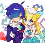  1boy 1girl absurdres ahoge black_gloves blonde_hair blue_eyes blue_hair brown_eyes closed_mouth gloves hair_over_one_eye heart highres long_sleeves looking_at_another marle_(puyopuyo) offbeat open_mouth puyopuyo puyopuyo_tetris short_hair squares_(puyopuyo) white_gloves 