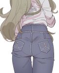  1girl absurdres ass ass_focus brown_hair commentary_request denim from_behind highres jeans kantai_collection long_hair lower_body official_alternate_costume pants richelieu_(kancolle) shiawase_hougan shirt shirt_tucked_in simple_background solo white_background white_shirt 