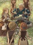  2boys 4girls :d ^_^ armor arms_behind_back blonde_hair closed_eyes commentary dark-skinned_male dark_skin dedue_molinaro english_commentary field fire_emblem fire_emblem:_three_houses flower flower_field gauntlets graves green_little holding holding_flower long_hair mercedes_von_martritz multiple_boys multiple_girls on_grass open_mouth outdoors own_hands_together short_hair sitting smile white_facial_hair white_flower white_hair 