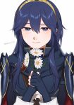  1girl armor blue_dress blue_eyes blue_gloves blue_hair commentary dress fingerless_gloves fire_emblem fire_emblem_awakening flower gloves highres holding holding_flower long_hair lucina_(fire_emblem) peach11_01 shoulder_armor smile solo tiara upper_body white_flower 