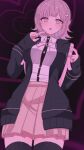  1girl :o black_shirt black_thighhighs brown_skirt chi_gu cowboy_shot danganronpa_(series) danganronpa_2:_goodbye_despair dress_shirt galaga hair_ornament heart highres long_sleeves medium_hair miniskirt multicolored_background nanami_chiaki neck_ribbon pink_eyes pink_hair pink_ribbon pleated_skirt ribbon shirt skirt sleeves_past_wrists solo teeth thighhighs two-tone_shirt upper_teeth_only 