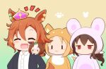  4girls :3 ^_^ admire_vega_(umamusume) ahoge animal_costume animal_ears animal_hood black_jacket blonde_hair blush_stickers brown_background brown_hair chibi closed_eyes closed_mouth collared_shirt crown dress_shirt fake_animal_ears gomashio_(goma_feet) gradient_background green_background hair_between_eyes hair_ribbon hood hood_up jacket jitome leaf leaf_on_head long_hair meisho_doto_(umamusume) mini_crown mini_person minigirl multicolored_hair multiple_girls narita_top_road_(umamusume) notice_lines on_shoulder open_clothes open_jacket orange_hair parted_bangs rabbit_costume rabbit_ears rabbit_hood red_eyes ribbon shirt t.m._opera_o_(umamusume) two-tone_hair umamusume white_hair white_ribbon white_shirt |_| 