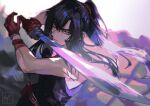  1boy bead_bracelet beads belt black_hair blue_eyes blue_hair bracelet d.gray-man fighting_stance foreshortening gloves holding holding_sword holding_weapon jewelry kanda_yuu katana long_hair looking_at_viewer male_focus miyukiko ponytail red_belt red_gloves serious shirt signature simple_background sleeveless sleeveless_shirt solo sword upper_body weapon 