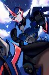  1girl absurdres arcee blue_eyes blue_sky breasts highres humanoid_robot knnw_a looking_at_viewer mechanical_wings medium_breasts robot science_fiction sitting sky solo thighs transformers transformers_prime wings 