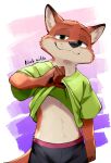 anthro bottomwear canid canine clothed clothing clothing_lift disney fox fur green_eyes hi_res kinoshita-jiroh looking_at_viewer male mammal nick_wilde orange_body orange_fur pants shirt shirt_lift simple_background smile smirk solo t-shirt text topwear zootopia