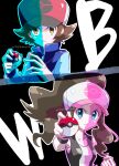  1boy 1girl artist_name baseball_cap blue_eyes blue_jacket brown_hair clenched_hand closed_mouth commentary_request eyelashes hat highres hilbert_(pokemon) hilda_(pokemon) holding holding_poke_ball jacket long_hair medium_hair poke_ball poke_ball_(basic) poke_ball_print pokemon pokemon_bw pokepokekonpeki print_headwear twitter_username v-shaped_eyebrows yellow_eyes 
