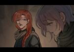  2girls blue_eyes blurry blurry_foreground braid commentary dune_(series) earrings english_commentary highres jewelry letterboxed long_hair maybecrosswise multiple_girls nose_tube open_mouth original purple_hair red_hair single_braid stud_earrings sweatdrop 