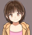  1girl bad_id bad_twitter_id brown_eyes brown_hair camisole commentary_request grey_background hood hoodie looking_at_viewer open_clothes open_hoodie original pink_camisole rustle short_hair simple_background sketch smile solo upper_body 
