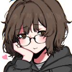  1girl aki_(snale) bags_under_eyes black-framed_eyewear black_hoodie blush brown_eyes brown_hair closed_mouth glasses heart highres hood hoodie long_sleeves looking_at_viewer original short_hair simple_background smile snale solo upper_body white_background 