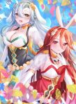  2girls :d animal_ears aqua_hair bare_shoulders breasts chloe_(fire_emblem) chloe_(spring)_(fire_emblem) cleavage cordelia_(fire_emblem) cordelia_(spring)_(fire_emblem) eyelashes fake_animal_ears fire_emblem fire_emblem_awakening fire_emblem_engage fire_emblem_heroes green_eyes hair_between_eyes highres karingityou large_breasts leotard long_hair looking_at_viewer multiple_girls official_alternate_costume petals playboy_bunny rabbit_ears red_eyes red_hair small_breasts smile 