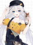  1girl :d arm_up bare_shoulders black_hat blue_eyes blue_nails cabbie_hat collarbone crop_top cup dotted_line drinking_glass grey_hair hair_between_eyes hair_ornament hairclip hat highres holding holding_cup honkai_(series) honkai_impact_3rd kiana_kaslana long_hair low_twintails nail_polish off-shoulder_shirt off_shoulder overalls puffy_short_sleeves puffy_sleeves shirt short_sleeves smile solo tdatnst twintails very_long_hair white_background yellow_shirt 