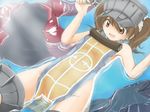  :d afloat bare_shoulders brown_eyes brown_hair clothes_removed covering flight_deck kantai_collection long_hair nude_cover open_mouth partially_submerged ryuujou_(kantai_collection) scroll smile solo tsurupeta_(pikapika45) twintails visor_cap water 