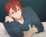  1boy aho_no_sakata beckoning blue_shirt closed_mouth collared_shirt earrings hair_behind_ear hair_between_eyes hassan_(sink916) indoors jewelry long_sleeves looking_at_viewer lying male_focus official_art on_bed on_stomach open_collar red_eyes red_hair shirt short_hair single_earring smile solo upper_body urashimasakatasen utaite wallpaper_(object) 