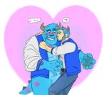 beard blue_body blue_fur blue_hair blush bottomwear claws clothing disney duo facial_hair fur hair heart_symbol horn human jacket kissing male male/male mammal monster monsters_inc pants pixar shirt smile sulley topwear wuffinarts