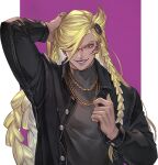  1boy arm_up beelzebub_(granblue_fantasy) bishounen black_jacket blonde_hair braid chain dark_skin denim denim_jacket earrings evil_smile facial_mark glasses gold_chain granblue_fantasy hair_ornament hair_over_one_eye hand_on_own_head holding holding_clothes jacket jewelry lipstick long_hair looking_at_viewer low-braided_long_hair low-tied_long_hair makeup messy_hair minaba_hideo multiple_braids official_art parted_bangs promotional_art purple_background purple_lips red_eyes ring round_eyewear smile smirk transparent_background turtleneck upper_body very_long_hair 