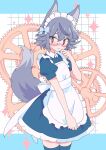  1girl absurdres animal_ears apron bespectacled blue_thighhighs blush closed_mouth glasses grey_hair highres izayoi_sakuya kemonomimi_mode looking_at_viewer maid maid_apron maid_headdress short_hair solo tail thighhighs touhou wolf_ears wolf_girl wolf_tail yodok 