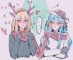  ... 2girls animal_ear_hairband animal_ears antlers bang_dream! bang_dream!_it&#039;s_mygo!!!!! black_coat black_gloves black_hat blonde_hair blue_hair blush christmas_tree closed_mouth coat commentary deer_ears expressionless fake_animal_ears gloves hairband hat heart highres horns long_sleeves maybecrosswise medium_hair misumi_uika multiple_girls purple_eyes red_scarf reindeer_antlers santa_hat scarf shared_clothes shared_scarf shirt smile spoken_ellipsis togawa_sakiko upper_body white_shirt yellow_eyes 