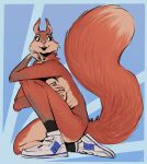 anthro big_breasts big_tail breasts brown_body brown_fur buckteeth clothing covering covering_breasts female fluffy fluffy_tail footwear footwear_only fur hi_res mammal mostly_nude open_mouth rodent sciurid smile sneakers_only socks socks_only solo tail teeth tree_squirrel twistedteeth whiskers