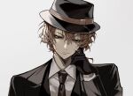  1boy black_gloves black_hat black_jacket black_necktie blue_eyes bungou_stray_dogs closed_mouth expressionless gloves grey_background hair_between_eyes highres jacket looking_at_viewer mafia male_focus medium_hair nakahara_chuuya necktie orange_hair shirt sidelocks simple_background solo upper_body white_shirt ya_ta 