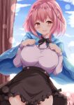  1girl :d black_skirt blue_capelet blue_sky blush braid breasts capelet cloud commentary_request day frilled_skirt frills grey_shirt hair_between_eyes hands_up highres hoshizaki_akari large_breasts long_sleeves looking_at_viewer ongeki petals pink_hair puffy_long_sleeves puffy_sleeves red_eyes shirt skirt sky sleeves_past_wrists smile solo tree twin_braids xenon_(for_achieve) 