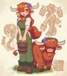  absurdres animal_ears boots breasts brown_eyes brown_footwear brown_hair bucket cow cow_ears cow_girl cow_horns gaziter green_overalls highres holding holding_bucket horns long_hair medium_breasts open_mouth original ponytail 