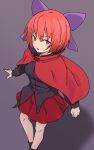  1girl black_footwear black_shirt bow cloak commentary_request feet_out_of_frame grey_background hair_bow highres kakone long_sleeves looking_at_viewer one-hour_drawing_challenge purple_bow red_eyes red_hair red_skirt sekibanki shirt short_hair simple_background skirt solo touhou 
