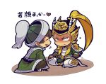  2boys blonde_hair blush brown_hair brown_pants chibi chibi_only chinese_clothes closed_mouth facial_hair full_body goatee_stubble green_hat green_shirt hands_on_own_legs happy heart kotorai long_hair looking_at_another ma_chao ma_dai male_focus multiple_boys no_nose open_mouth pants ponytail shaded_face shin_sangoku_musou shirt short_hair sidelocks signature sitting stubble translation_request yaoi 
