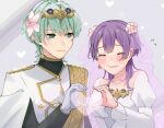  1boy 1girl alternate_costume bernadetta_von_varley blush bridal_veil bride byleth_(fire_emblem) byleth_(male)_(fire_emblem) closed_eyes closed_mouth commentary_request dress earrings enlightened_byleth_(male) fire_emblem fire_emblem:_three_houses flower flying_sweatdrops formal gloves green_eyes green_hair hair_flower hair_ornament heart heart_hands height_difference jewelry juliet_sleeves long_hair long_sleeves looking_at_another pink_flower puffy_sleeves purple_hair sakura_no_yoru short_hair smile tearing_up tiara veil wedding_dress white_dress white_gloves 