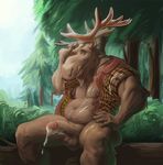  after_masturbation alpha0 anthro antlers balls biceps cervine chubby clothing cum forest horn log male mammal moose muscles navel nipples open_shirt outside pecs penis shirt solo tree uncut wood 