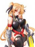  1girl alternate_breast_size arm_belt belt black_leotard black_ribbon black_thighhighs blonde_hair blood blood_on_face breasts commentary energy_sword fate_testarossa fate_testarossa_(true_sonic_form) gauntlets hair_ribbon highres holding holding_sword holding_weapon injury large_breasts leotard long_hair looking_at_viewer lyrical_nanoha mahou_shoujo_lyrical_nanoha_strikers one_eye_closed red_belt red_eyes ribbon simple_background solo suga_leon sword thighhighs torn_clothes torn_thighhighs twintails weapon white_background 
