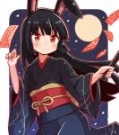  1girl animal_ears black_hair black_kimono closed_mouth commentary_request cowboy_shot full_moon hands_up highres holding japanese_clothes kimono light_blush long_hair long_sleeves moon night obi ofuda original rabbit_ears rabbit_girl red_eyes red_sash sash smile snowing solo wide_sleeves yukinagi 