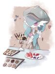  alternate_color baking_sheet blue_hair cookie food fruit gardevoir gardevoir_(cafe) hair_over_one_eye hat heart holding_pastry_bag musical_note parfait pastry pastry_bag pokemon pokemon_(creature) pokemon_unite shiny_pokemon simple_background smile strawberry suramo_(lbsto3m) 