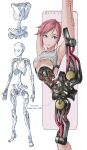 1girl absurdres android breasts brown_eyes english_commentary highres joints looking_at_viewer original pink_hair robot_joints short_hair skeleton small_breasts solo split standing standing_on_one_leg standing_split very_short_hair zen_(jirakun) 