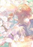  1boy angel_wings bird blonde_hair blurry branch cherry_blossoms fasna feathered_wings finger_to_mouth flower hair_between_eyes hand_up index_finger_raised looking_at_viewer male_focus orange_eyes orange_hair original parted_lips petals shirt short_hair shushing solo upper_body white_flower white_shirt white_wings wings 