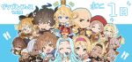  2018 6+boys 6+girls ahoge arm_up armor artist_request bald barawa belt blonde_hair blue_background blue_eyes blue_hair brown_eyes brown_hair burger charlotta_(granblue_fantasy) chibi chibi_only closed_eyes commentary commentary_request cup dante_(granblue_fantasy) dated djeeta_(granblue_fantasy) dragon draph dress drinking drinking_straw eating elsam_(granblue_fantasy) erune eustace_(granblue_fantasy) facial_hair food fork glasses gran_(granblue_fantasy) granblue_fantasy green_eyes grey_eyes grey_hair grin hair_between_eyes hair_intakes hair_over_one_eye harvin holding holding_cup horns kebab kitchen_knife long_hair looking_at_viewer lowain_(granblue_fantasy) lyria_(granblue_fantasy) medium_hair melissabelle messy_hair multicolored_background multiple_boys multiple_girls official_art omelet omurice parted_bangs pasta pink_hair pointy_ears ponytail promotional_art red_eyes rosine_(granblue_fantasy) sandalphon_(granblue_fantasy) sarya_(granblue_fantasy) short_hair skull_(granblue_fantasy) smile spaghetti tomoi_(granblue_fantasy) v vyrn_(granblue_fantasy) white_background white_dress white_hair 