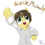  2014 brown_hair clothing english_text equine frist44 green_eyes hair happy horse male mammal michael_morones my_little_pony original_character plain_background pony solo text white_background 