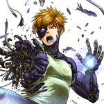  angry black_sclera blonde_hair charging cyborg damaged earrings energy genos hataraki_ari injury jewelry male_focus mechanical_parts one-punch_man open_mouth parts_exposed shirt simple_background solo torn_clothes white_background 