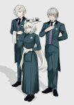  1girl 2boys alternate_costume antonio_salieri_(fate) arms_behind_back badge black_footwear black_necktie breasts buttons coffee_mug collared_shirt cup edmond_dantes_(fate) expressionless fate/grand_order fate_(series) frilled_shirt_collar frills full_body green_jacket green_pants green_shirt green_skirt grey_background grey_eyes grey_hair hair_between_eyes hair_over_one_eye hairband hand_on_own_chest hand_up highres holding holding_tray jacket jeanne_d&#039;arc_alter_(fate) light_smile long_hair long_skirt long_sleeves looking_at_viewer mug multiple_boys necktie own_hands_together pants parted_lips red_eyes shadow shirt short_hair sidelocks simple_background skirt split_ponytail sugar_cube sumi_(gfgf_045) towel_on_arm tray unbuttoned very_long_hair white_hairband white_shirt 