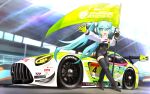  1girl advan black_bodysuit black_footwear black_gloves blue_eyes blue_hair blush bodysuit boots breasts car covered_navel cropped_jacket enkei flag gloves goodsmile_racing green_gloves hatsune_miku highres holding holding_flag itasha jacket long_hair medium_breasts mercedes-benz mercedes-benz_amg_gt motor_vehicle open_mouth piapro race_queen race_vehicle racecar racing_miku racing_miku_(2022) reatbox shadow single_thigh_boot solo spoiler_(automobile) sponsor super_gt thigh_boots twintails two-tone_gloves vehicle_focus very_long_hair vocaloid waving white_jacket yokohama_tire 