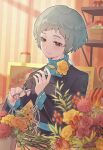  1girl aqua_hair aqua_sweater black_jacket blurry blurry_background blurry_foreground closed_mouth commentary fiori_(fiofiori_) flower gekkoukan_high_school_uniform grey_eyes highres holding holding_flower holding_scissors indoors jacket light_blush long_sleeves persona persona_3 persona_3_reload plant potted_plant school_uniform scissors short_hair smile solo sweater turtleneck turtleneck_sweater upper_body yamagishi_fuuka yellow_flower 