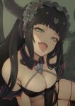  1girl bare_shoulders bikini black_bikini black_collar black_hair breasts chain cleavage collar demon_girl demon_horns detached_collar fangs granblue_fantasy green_eyes horns large_breasts long_hair looking_at_viewer magus_(granblue_fantasy) navel solo swimsuit tomamatto tongue tongue_out upper_body 