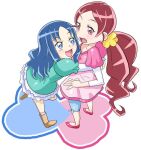  2girls anime_coloring ankle_socks aqua_dress aqua_sleeves arms_around_waist blue_eyes blue_hair blue_shorts boots brown_footwear commentary_request dress eyelashes flower frilled_dress frills full_body hair_flower hair_ornament hanasaki_tsubomi heartcatch_precure! high_heels hug kurumi_erika layered_sleeves light_blush long_hair long_sleeves looking_at_another low_twintails multiple_girls no_socks open_mouth pink_dress pink_eyes pink_footwear pink_sleeves precure puffy_short_sleeves puffy_sleeves pumps red_hair short_dress short_over_long_sleeves short_sleeves shorts simple_background smile socks tied_shorts toryuu twintails very_long_hair wavy_hair white_background white_sleeves white_socks yellow_flower 
