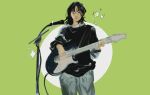  1girl asian baggy_pants black_eyes black_hair black_sweater blunt_bangs commentary cowboy_shot electric_guitar green_background guitar hashtag_only_commentary highres holding holding_guitar holding_instrument instrument jewelry jne4r kininatteru_hito_ga_otoko_ja_nakatta koga_mitsuki medium_hair microphone microphone_stand mole mole_under_eye multiple_rings pants ring shirt solo sparkle standing sweater white_shirt 