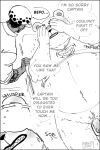 2024 anthro balls bear belly bepo_(one_piece) black_border blush border clothing comic dialogue duo english_text genitals hat headgear headwear hi_res human male mammal minkmen_(one_piece) monochrome navel nekokat42 one_piece overweight overweight_male penis polar_bear tattoo text trafalgar_law ursine