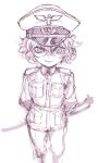  1girl arms_behind_back commentary_request greyscale hat highres iwamoto_tatsurou looking_at_viewer military military_uniform monochrome peaked_cap ringed_eyes short_hair simple_background sketch smile solo tanya_degurechaff uniform wavy_hair youjo_senki 
