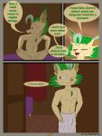 3:4 absurd_res after_sex anthro canid canine clothed clothing digital_drawing_(artwork) digital_media_(artwork) eeveelution english_text flamberry_(artist) fur generation_4_pokemon genitals green_hair hair hi_res humanoid leafeon lyennan_venizee_flare_(flamberry) male mammal nintendo nude open_mouth penis pokemon pokemon_(species) simple_background smile solo tan_body tan_fur text towel towel_only