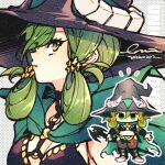  1girl breasts cleavage cloak fake_horns green_cloak green_eyes green_hair hat highres holding holding_staff horned_hat horned_headwear horns long_hair looking_at_viewer navel revealing_clothes skirt solo staff u_emmm unicorn_overlord witch_hat yahna 