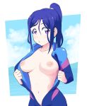  1girl absurdres blue_hair blue_sky blush bodysuit border breasts breasts_out cleavage closed_mouth collarbone cowboy_shot curetortellini diving_suit high_ponytail highres large_breasts long_hair long_sleeves looking_at_viewer love_live! love_live!_sunshine!! matsuura_kanan navel no_bra open_bodysuit open_clothes ponytail purple_eyes sky solo standing wetsuit white_border 