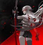  1girl acheron_(honkai:_star_rail) ass bare_back bare_shoulders black_background black_gloves black_shorts commentary cowboy_shot gloves highres holding holding_sword holding_weapon honkai:_star_rail honkai_(series) katana long_hair looking_at_viewer m_alexa red_background red_eyes short_shorts shorts solo standing sword thighs two-tone_background very_long_hair weapon white_hair 